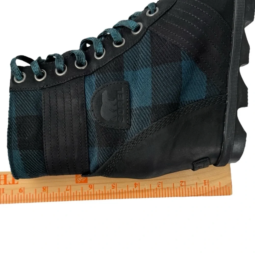 Sorel Lexie Wedge Lace Up Ankle Boots Leather Black Blue Plaid Size 10